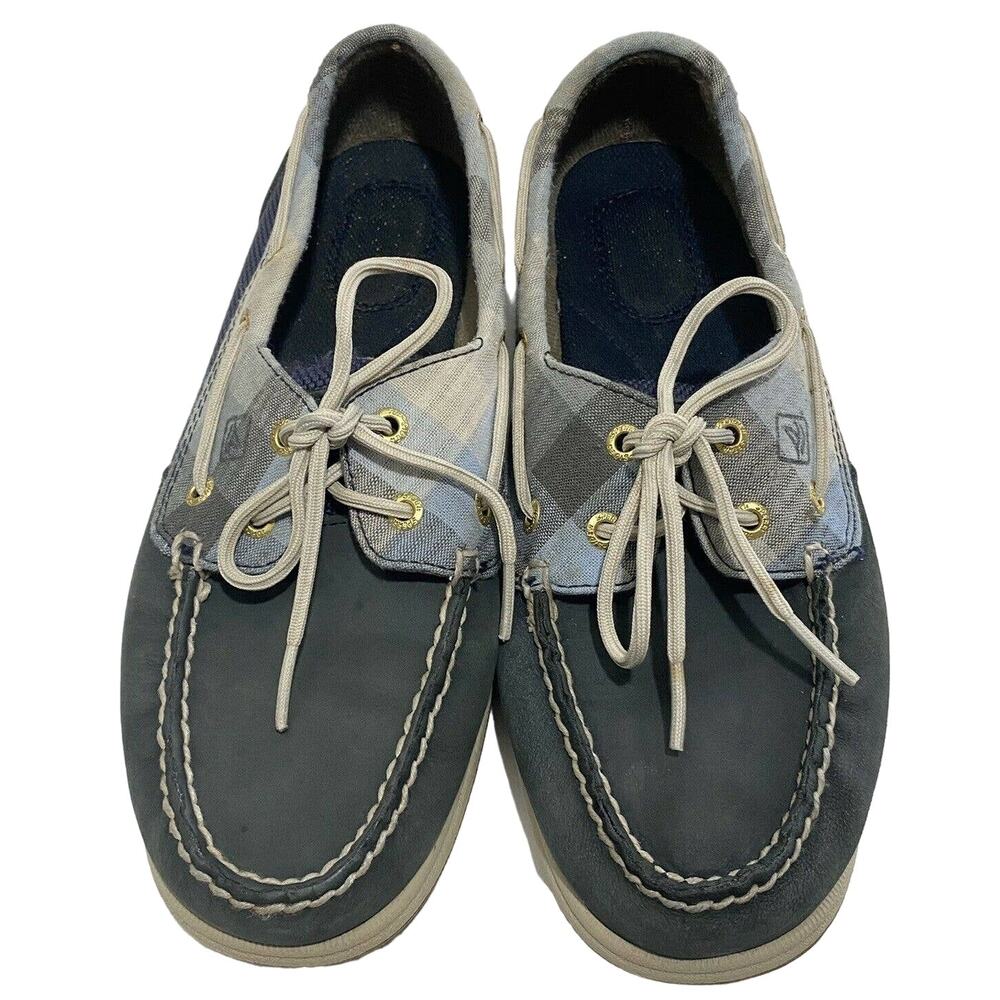 Sperry Top Sider Navy Blue Plaid Boat Shoes Loafers Leather Upper Size 7M